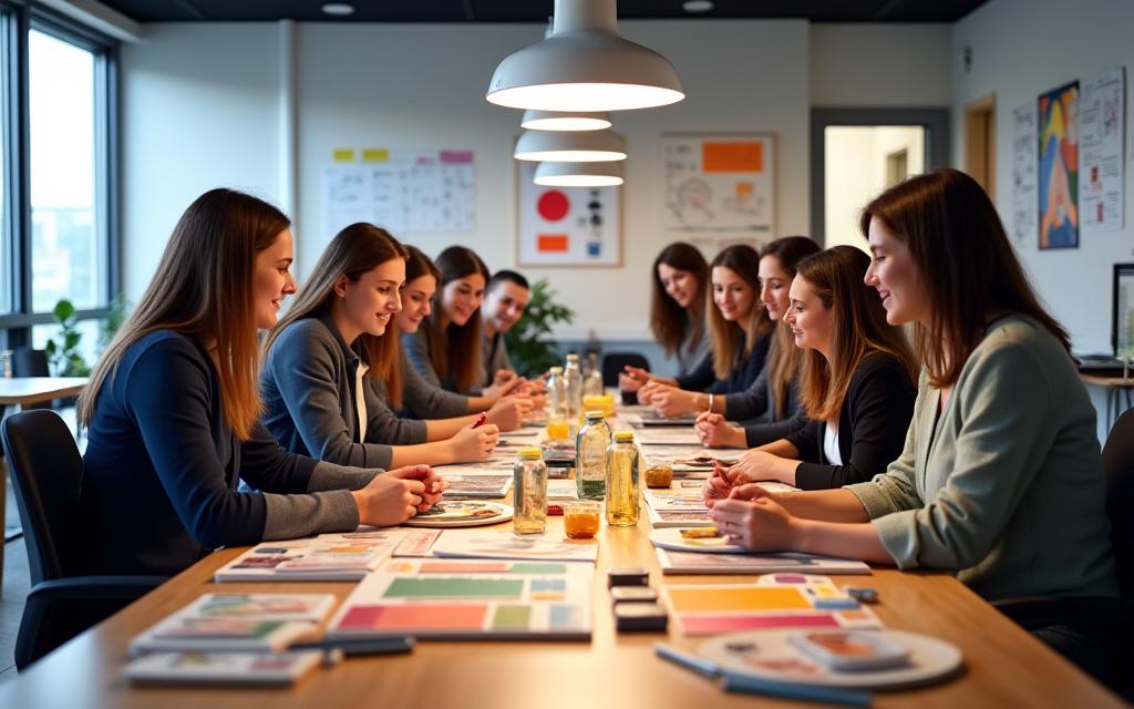 Reunión del equipo creativo en una oficina moderna, discutiendo envases y muestras de productos.