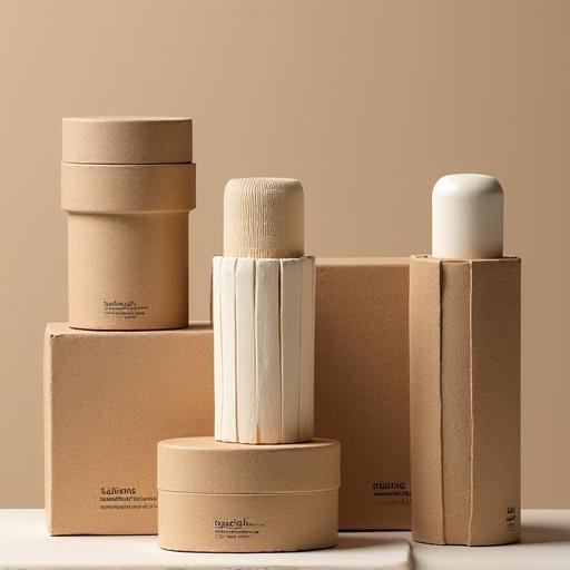 Primer plano de envases ecológicos como cajas de kraft y tubos de caña de azúcar.